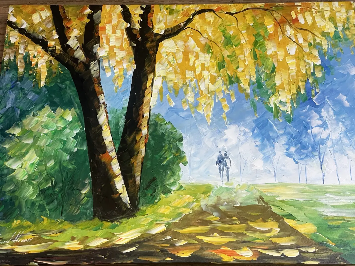 A painting of trees along a garden path