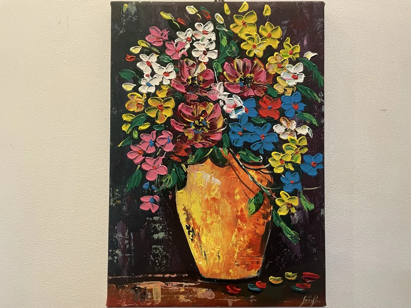 A still-life painting, flowers in a vase