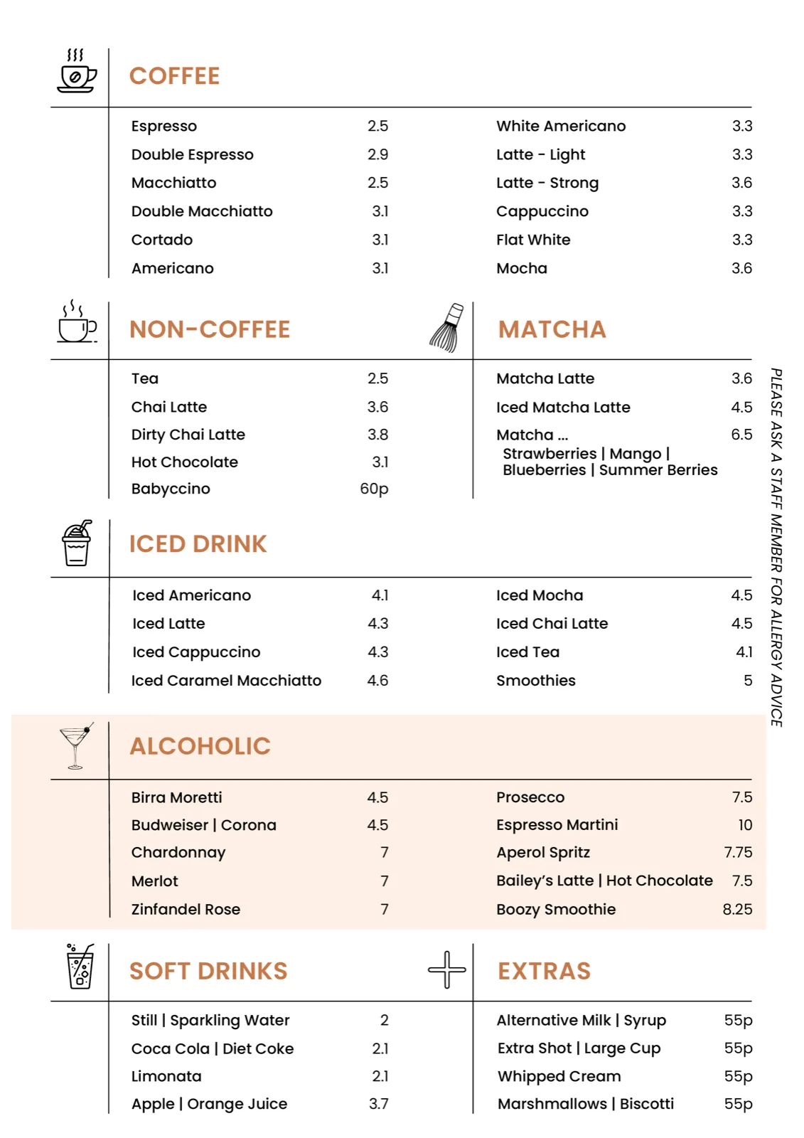 Caffé Foresta drinks menu: coffee, non-coffee, matcha, iced drinks, alcoholic and soft drinks, with prices