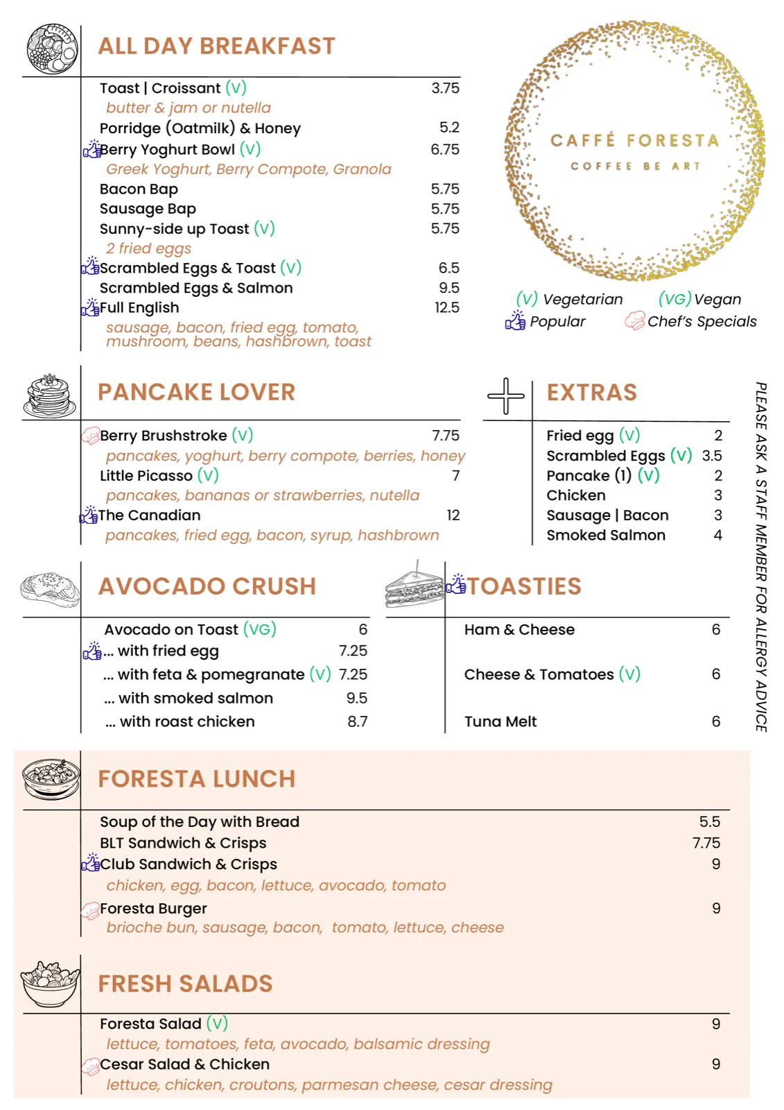 Caffé Foresta food menu: all day breakfast, pancakes, avocado on toast, toasties, lunch and salads, with prices