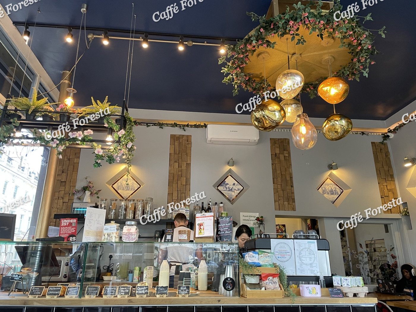 The bar, string lights and shelves