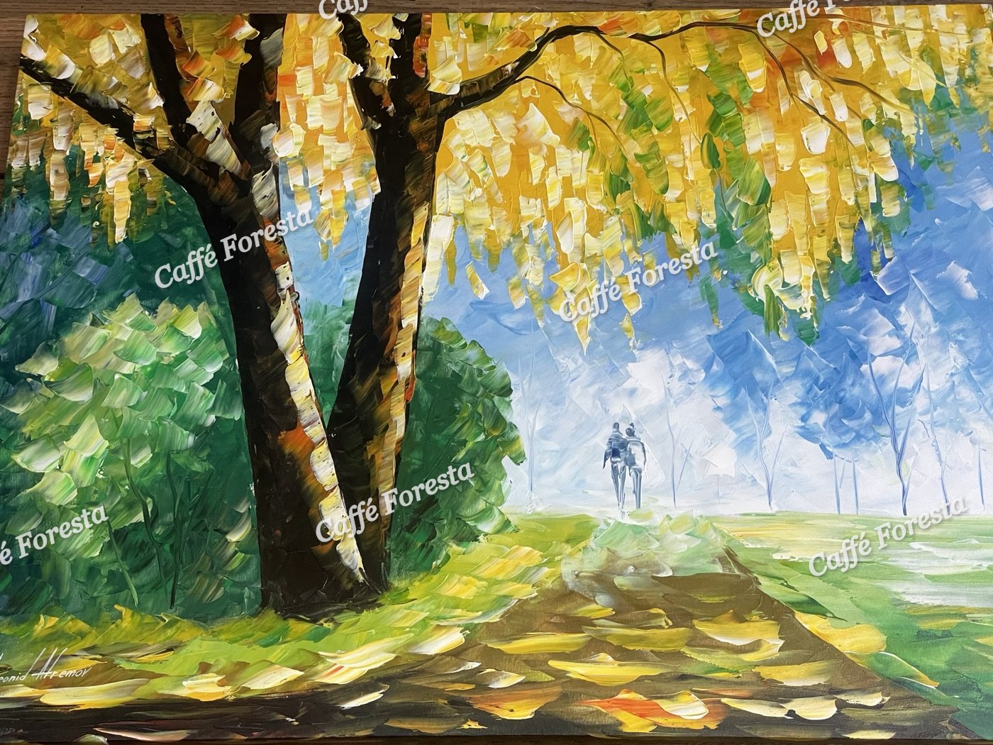 A painting of trees along a garden path