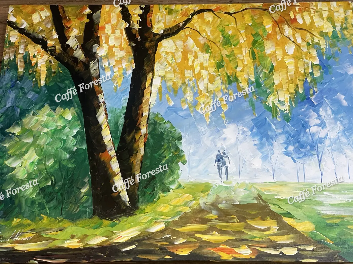 A painting of trees along a garden path