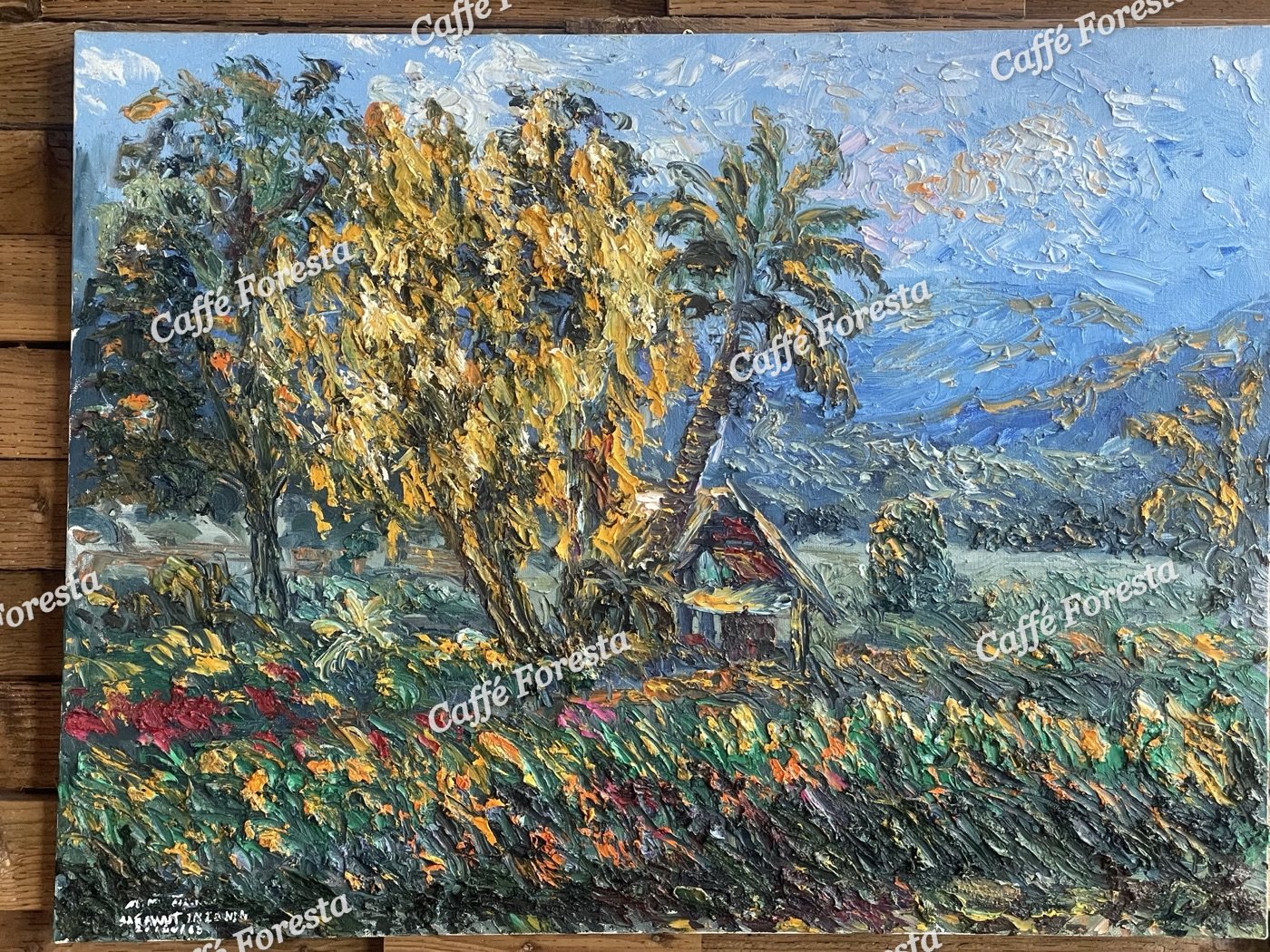 A painting of a tree-lined path