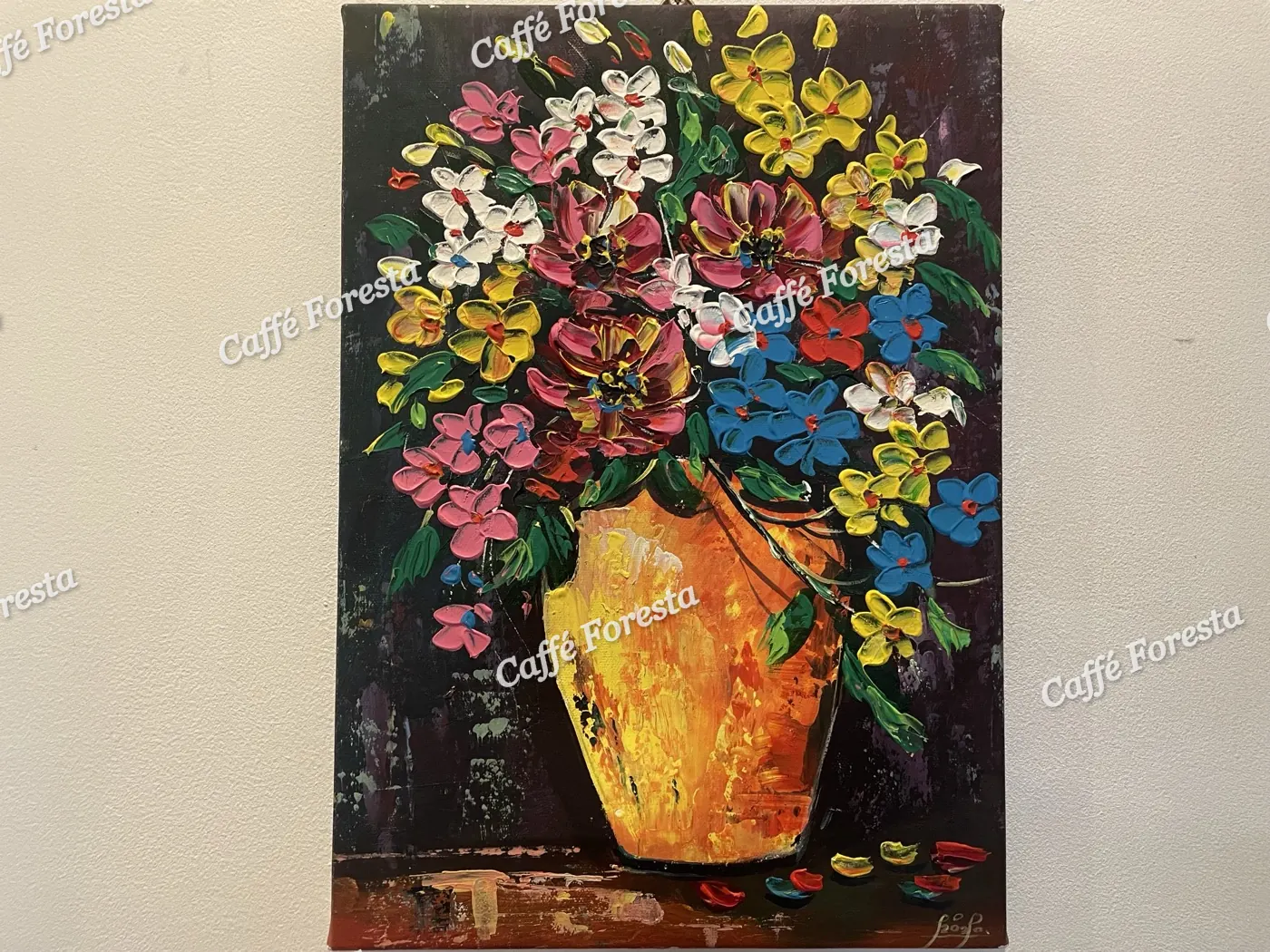 A still-life painting, flowers in a vase