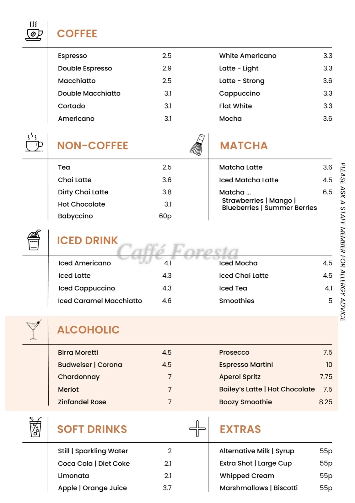 Caffé Foresta drinks menu: coffee, non-coffee, matcha, iced drinks, alcoholic and soft drinks, with prices