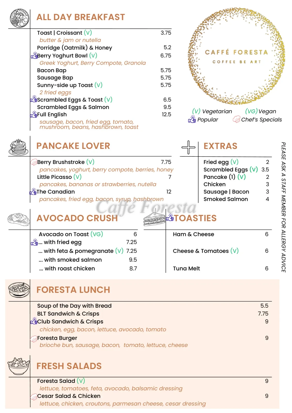 Caffé Foresta food menu: all day breakfast, pancakes, avocado on toast, toasties, lunch and salads, with prices
